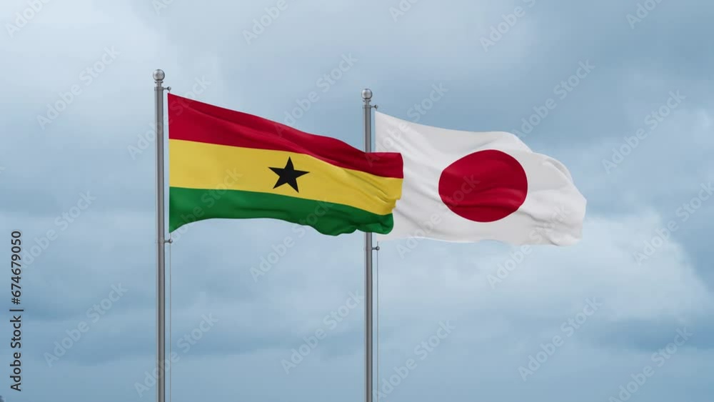 Japan flag and Ghana flag waving together on cloudy sky, endless seamless loop, two country relations concept Japan flag and Ghana flag waving together on cloudy sky, endless seamless loop, two country relations concept