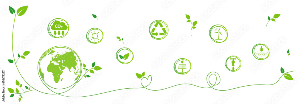 Green banner design for Sustainability development, Ecology, Eco friendly, Earth day and World environment day, Vector illustration - obrazy, fototapety, plakaty 