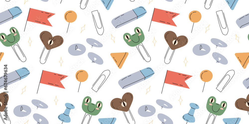 Seamless pattern with childrens paper clips on a white background. paper clip frog. Pattern for wrapping paper print on fabric. Vector stock illustration in hand drawn style. Seamless pattern with childrens paper clips on a white background. paper clip frog. Pattern for wrapping paper print on fabric. Vector stock illustration in hand drawn style.