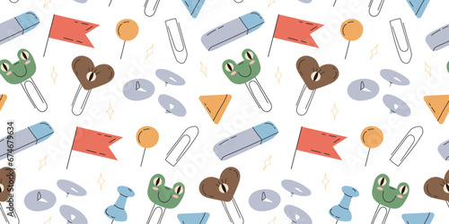 Seamless pattern with childrens paper clips on a white background. paper clip frog. Pattern for wrapping paper print on fabric. Vector stock illustration in hand drawn style.