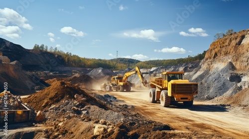 Excavator loading sand to industrial truck on industry quarry. © sirisakboakaew