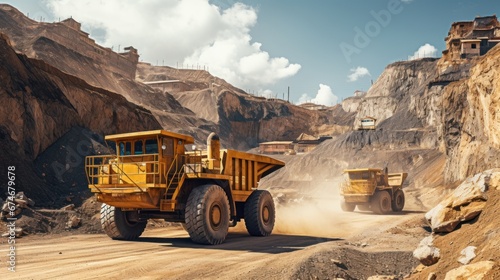 Excavator loading sand to industrial truck on industry quarry. © sirisakboakaew