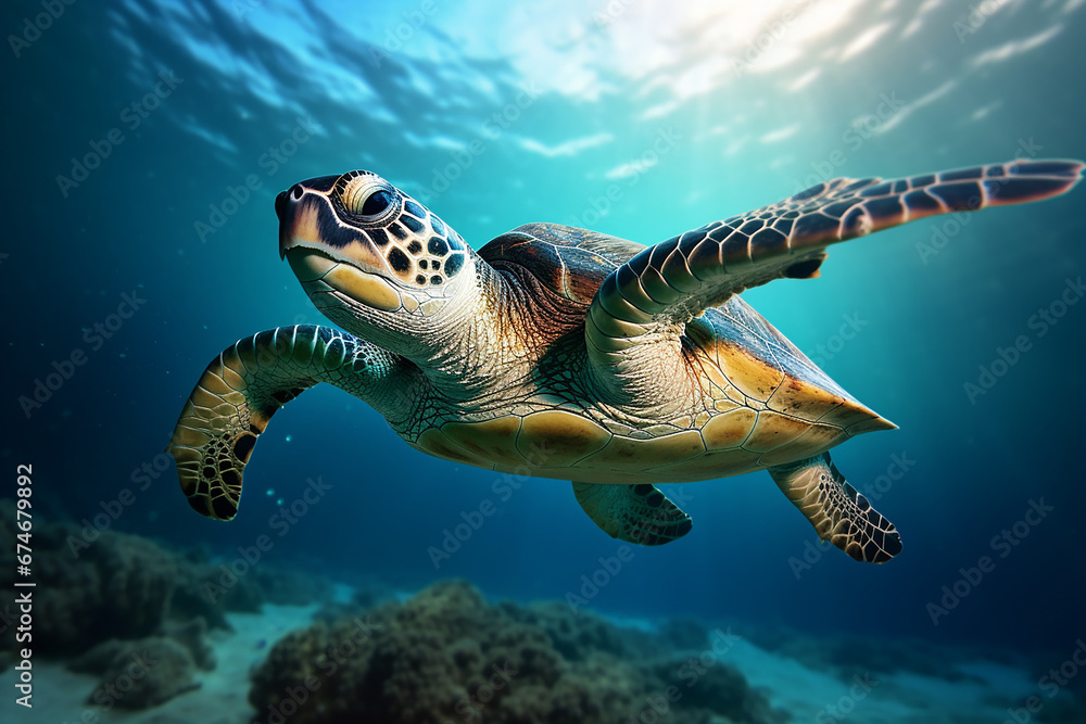 Fototapeta premium The sea turtle gracefully glides through the ocean, sunlight piercing through the water's surface, illuminating its path