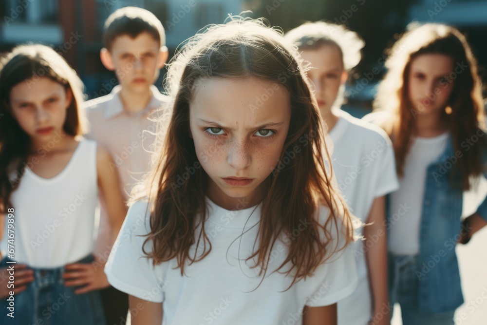 Multiethnic group of schoolchildren with their leader looking at camera with an angry and frustrated expression. Kids are upset and intending to stand up for their rights. Diversity and communication. Multiethnic group of schoolchildren with their leader looking at camera with an angry and frustrated expression. Kids are upset and intending to stand up for their rights. Diversity and communication.
