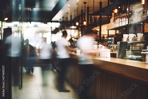 Blurred coffee shop or cafe restaurant The background of the restaurant was blurry and there were some people, a chef and a waiter working.by Generative AI © chartchai