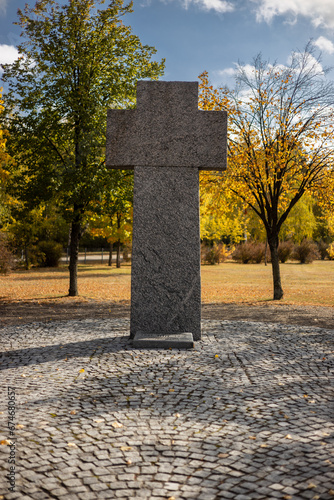 Stone tombstones in the German cemetery in the fall. Beautiful German Clabdishche near Kyiv. Many dead German soldiers of the dead during the 2nd World War.