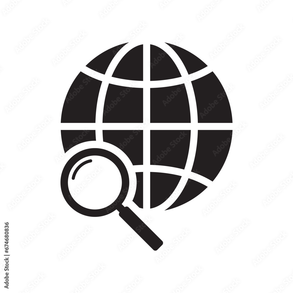 Magnifier and globe icon, search for a place on a map or on the globe icon. The icon of the magnifying glass and planet Earth. Magnifier and globe icon, search for a place on a map or on the globe icon. The icon of the magnifying glass and planet Earth.