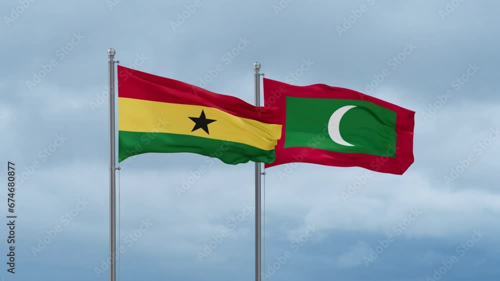Maldives flag and Ghana flag waving together on cloudy sky, endless seamless loop, two country relations concept Maldives flag and Ghana flag waving together on cloudy sky, endless seamless loop, two country relations concept
