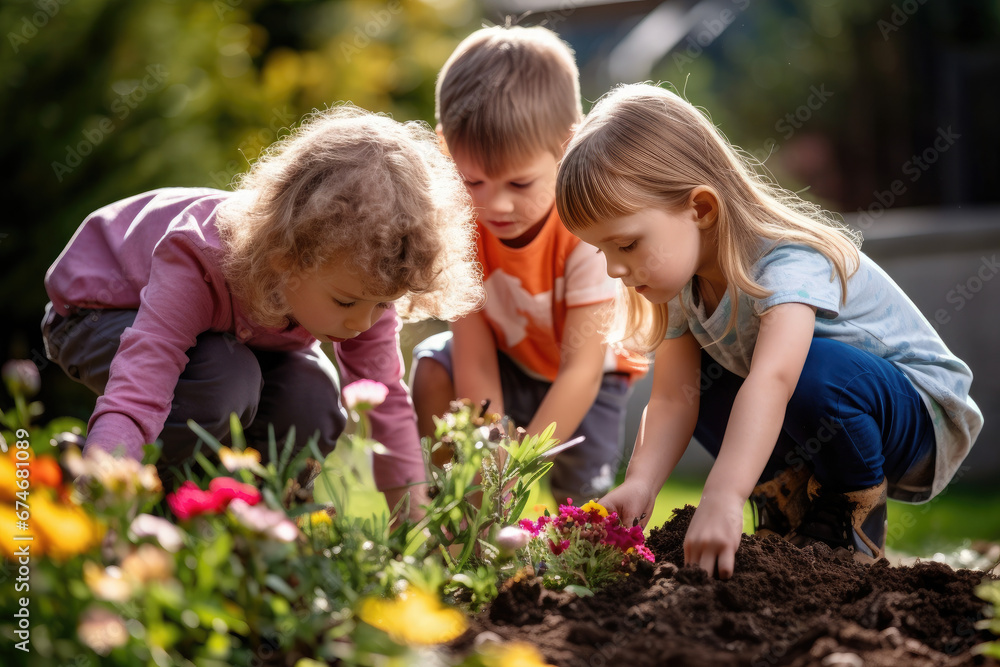 Children Exploring Nature Together in Springtime Children Exploring Nature Together in Springtime