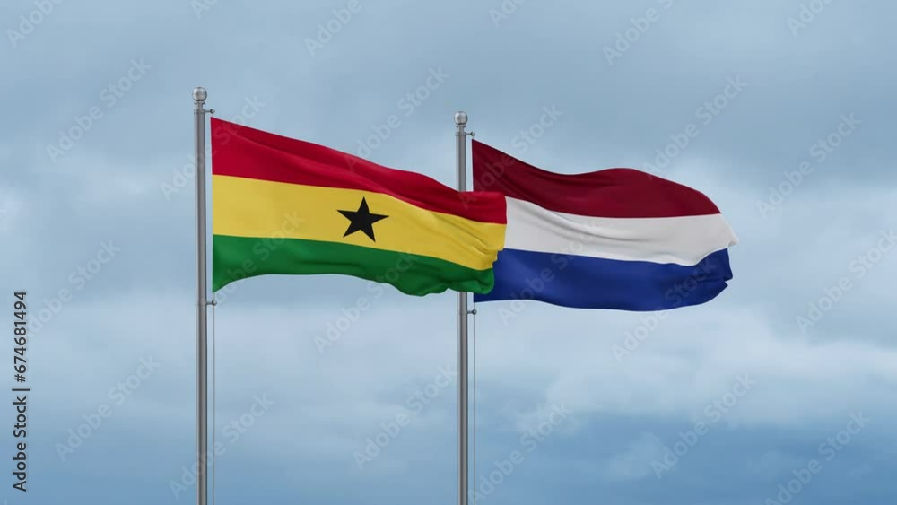 Netherlands flag and Ghana flag waving together on cloudy sky, endless seamless loop, two country relations concept Netherlands flag and Ghana flag waving together on cloudy sky, endless seamless loop, two country relations concept
