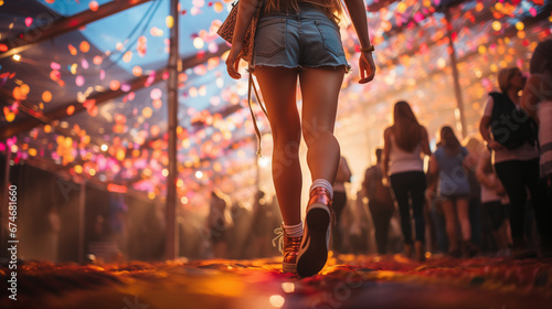Close-up low angle shot of woman legs, Girl wearing jeans scirt walking at the festival sity street, colourful background. Generative AI