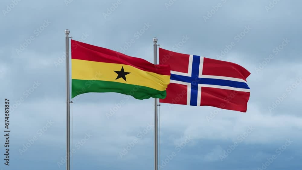 Norway flag and Ghana flag waving together on cloudy sky, endless seamless loop, two country relations concept Norway flag and Ghana flag waving together on cloudy sky, endless seamless loop, two country relations concept