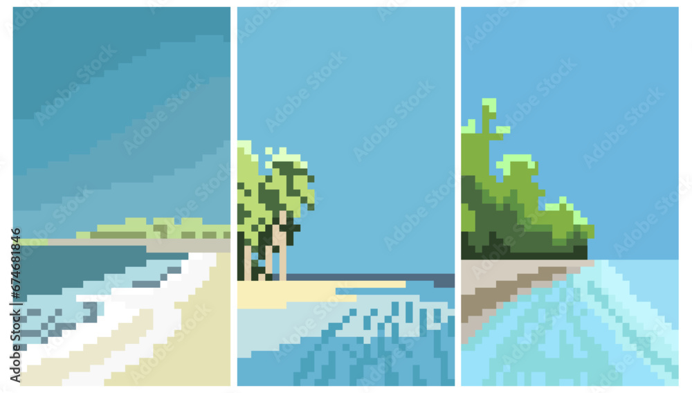 pixel art card. landscape. 8bit arcade seascape vector background or 16 ...