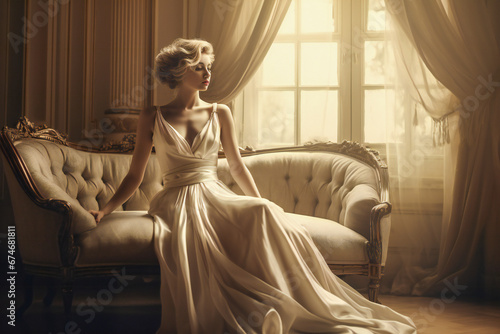 A lady wearing a long dress sitting in a chair in a classic room