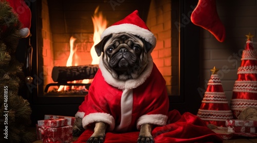 a dog wearing a santa outfit