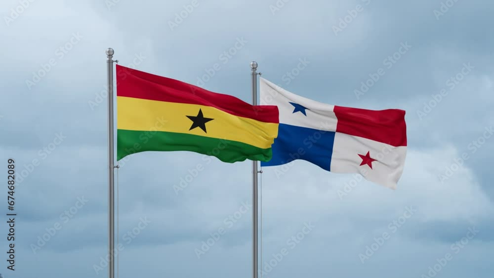 Panama flag and Ghana flag waving together on cloudy sky, endless seamless loop, two country relations concept Panama flag and Ghana flag waving together on cloudy sky, endless seamless loop, two country relations concept