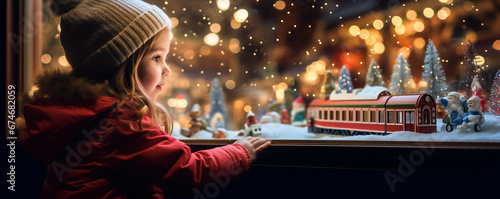 A little girl looking at Christmas toys in toy shop