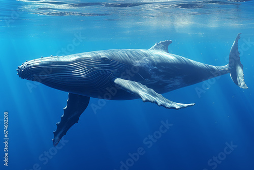 A gigantic humpback whale swimming under the aquatic ocean surface. Generative AI. © Surachetsh
