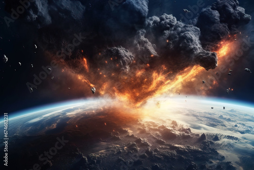 Asteroid on fire flies through the atmosphere crashing into the surface of a habitable planet