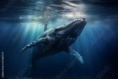 A gigantic humpback whale swimming under the aquatic ocean surface. Generative AI.