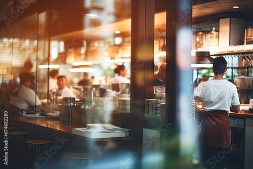 Blurred coffee shop or cafe restaurant The background of the restaurant was blurry and there were some people, a chef and a waiter working.by Generative AI