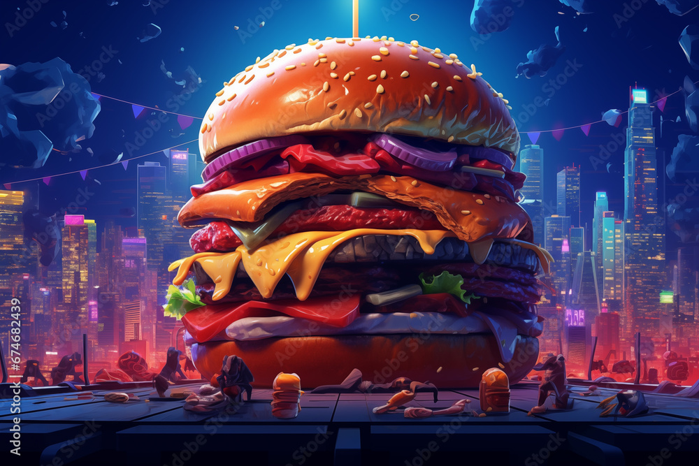 big burger, urban fast food - obrazy, fototapety, plakaty 