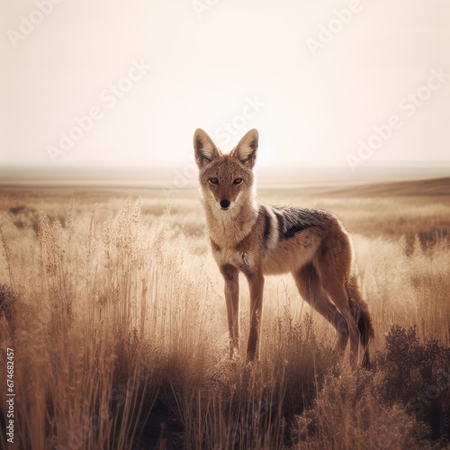 portrait of a wild fox in the yellow grass animal background