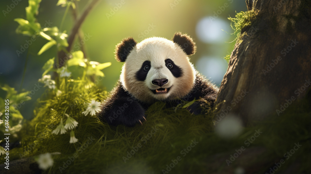 Cute baby panda on forest background. Generative AI Cute baby panda on forest background. Generative AI