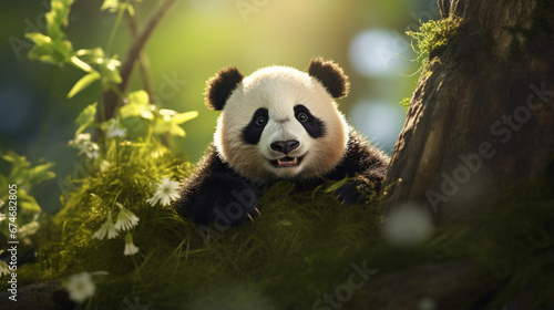 Cute baby panda on forest background. Generative AI