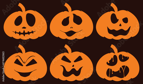 Halloween Pumpkin Set. Smiling cartoon lantern faces. Helloween holiday characters in the shape of pumkin. Flat illustrations