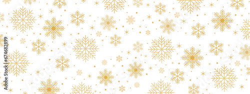 Gold snowflakes and stars on white background. Snowflakes and stars banner. New year illustration EPS 10