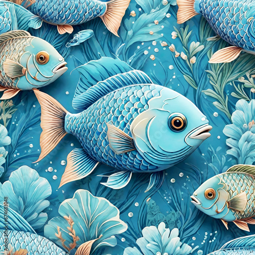 seamless blue fish pattern. Cartoon hand drawn fishes. Blue water background with flowers. generative ai