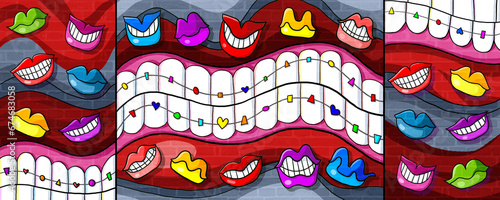 mouth and braces tooth pattern creative design wall paint