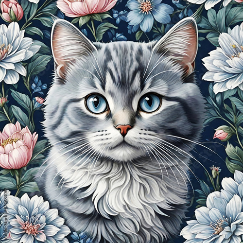 Cat Domestic cute Face Seamless flowers Abstract Background Pattern wall art decoration. generative ai 