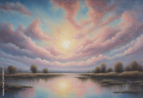 The painting transforms the sky into a captivating spectacle, illustrating a dreamy, surreal world above.AI generated