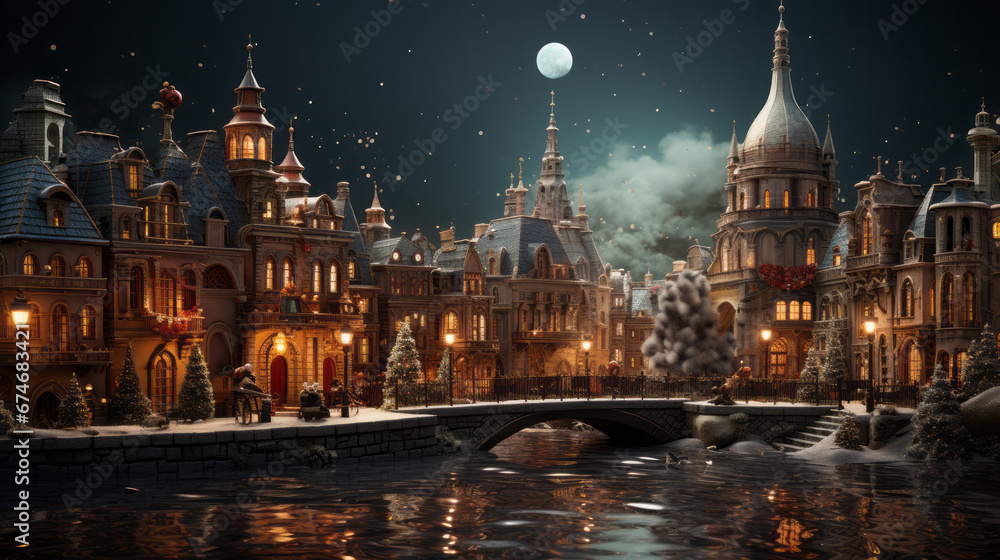 Beautiful Christmas street view. Christmas celebration and holiday concept