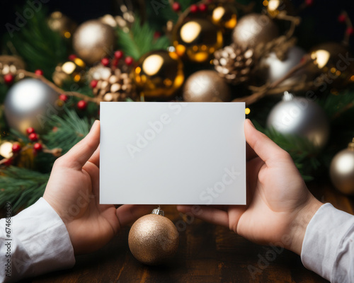 Hand holding blank notepad with Christmas decoration background