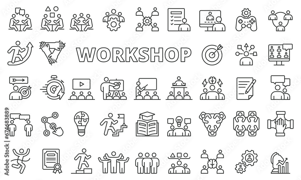 Workshop icon set in line design. Training, Learning, Skills, Education, work, Business vector illustrations. Workshop editable stroke icons.
