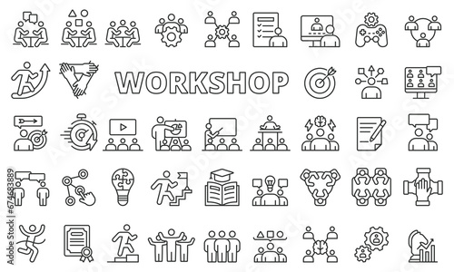Workshop icon set in line design. Training, Learning, Skills, Education, work, Business vector illustrations. Workshop editable stroke icons.
