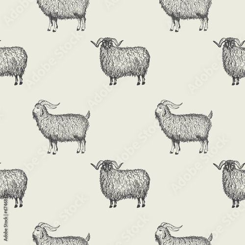 Seamless pattern with domestic animals ram and goat hand drawn with engraving vector illustration. Repeating cute background with horned goats and sheep for print, fabric, packaging, wrapping, paper