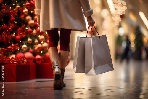 A woman with a shopping bag walks around a holiday mall with a Christmas tree photo