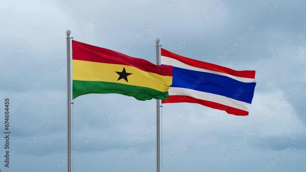 Kingdom of Thailand and Ghana flag waving together on cloudy sky, endless seamless loop, two country cooperation concept Kingdom of Thailand and Ghana flag waving together on cloudy sky, endless seamless loop, two country cooperation concept