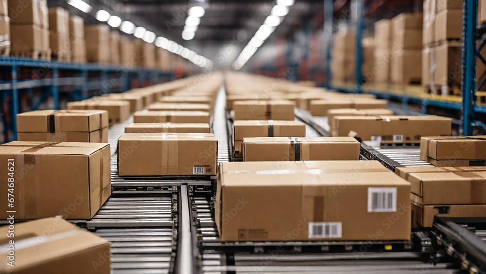 Boxes on a conveyor belt in a warehouse. Shallow depth of field Boxes on a conveyor belt in a warehouse. Shallow depth of field