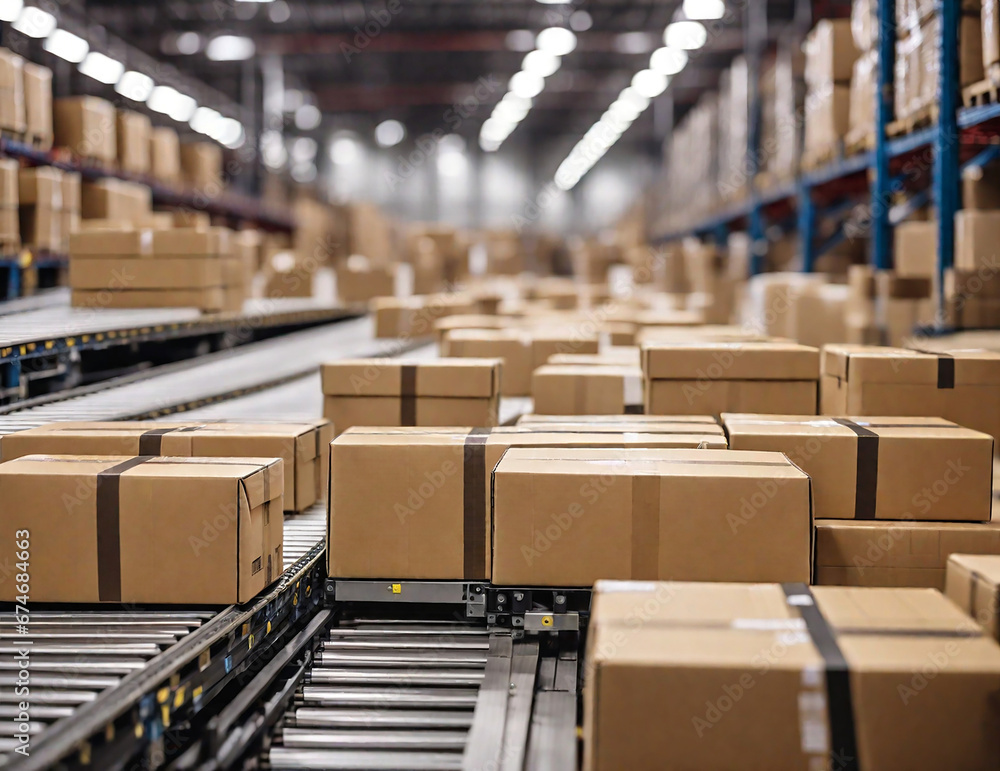 Warehouse interior with boxes on conveyor belt. Shallow depth of field Warehouse interior with boxes on conveyor belt. Shallow depth of field