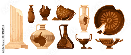 Broken antique ceramics crockery pot plate amphora and pile column set isometric vector