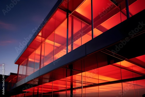 Modern office building with red glass facade. Panoramic view.