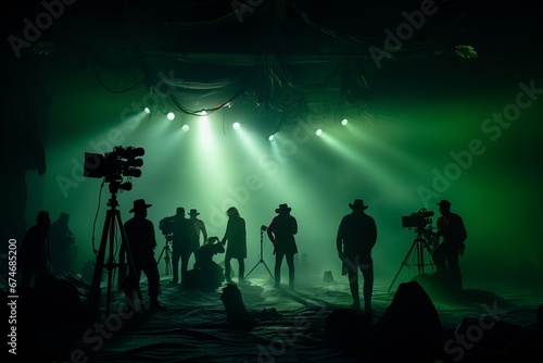 a group of people standing in front of a stage with green lights