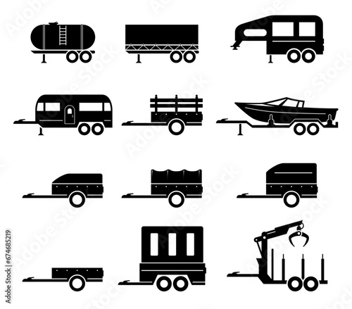 Car trailers black monochrome silhouette cargo transportation side view set vector flat illustration