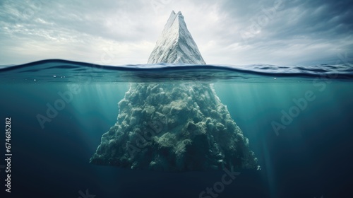 The iceberg floats in the ocean with a view more than half underwater. Concept of global warming, hidden secret, dark web. Generative AI