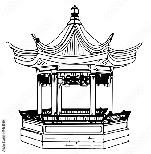 Gufeng Pavilion, Controversial placement of peony pavilion, Beautiful vintage ink Chinese pagodas in chinoiserie style for fabric or interior design, Simple Line Gazebo